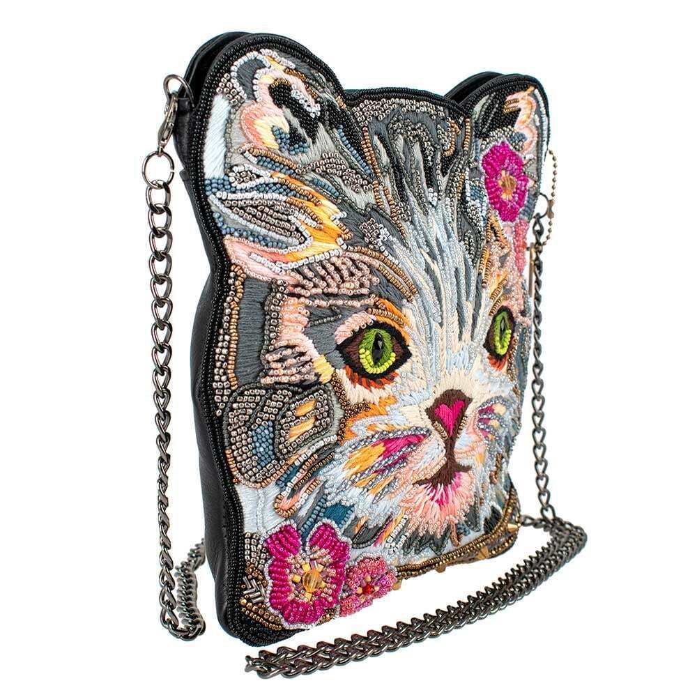 Mary Frances Cattitude Cat Zip Bag Animal Leather Beaded Handbag Purse Gray NEW - Picture 2 of 7